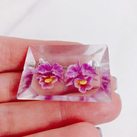 Mid Century Reverse Carved Lucite Orchid Brooch Clear Floral VTG Novelty Jewelry - Picture 3 of 8